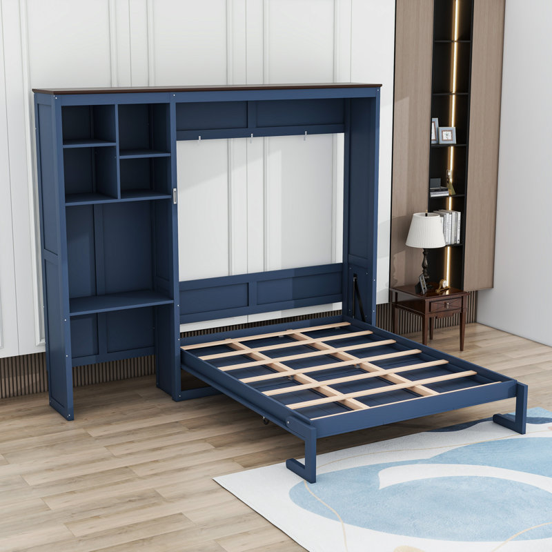 Grand lit escamotable peu encombrant avec bureau intégré et tablettes de rangement, Blue