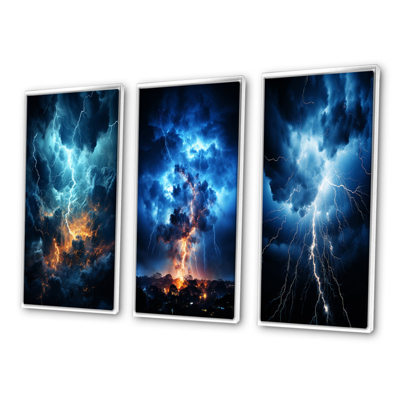 «Lightning Ethereal Lightning», 3 pièces sur toile, H 32 po x l 48 po, Cadre flottant blanc
