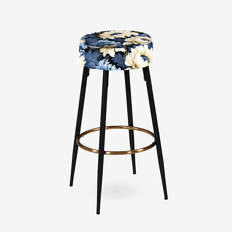 Ensemble de 2 tabourets de bar damassés beige et bleu