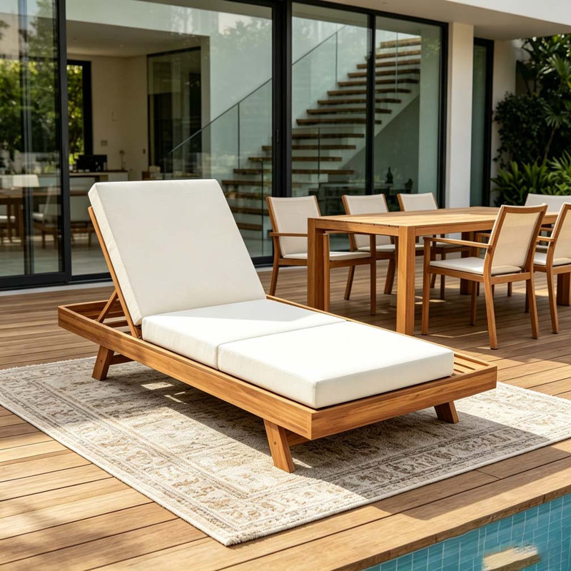 Foldable Acacia Wood Lounge Chaise With Adjustable Backrest, CREAM & TRIPLE FOLD& 4 INCH THICK