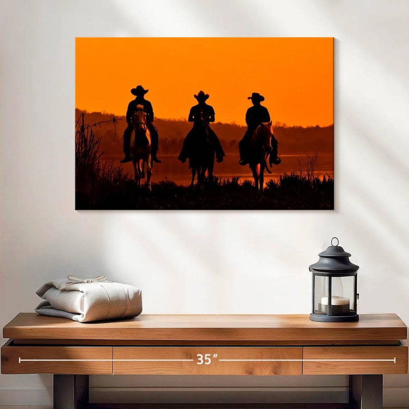 Cowboys au coucher du soleil, H 16 po x l 24 po