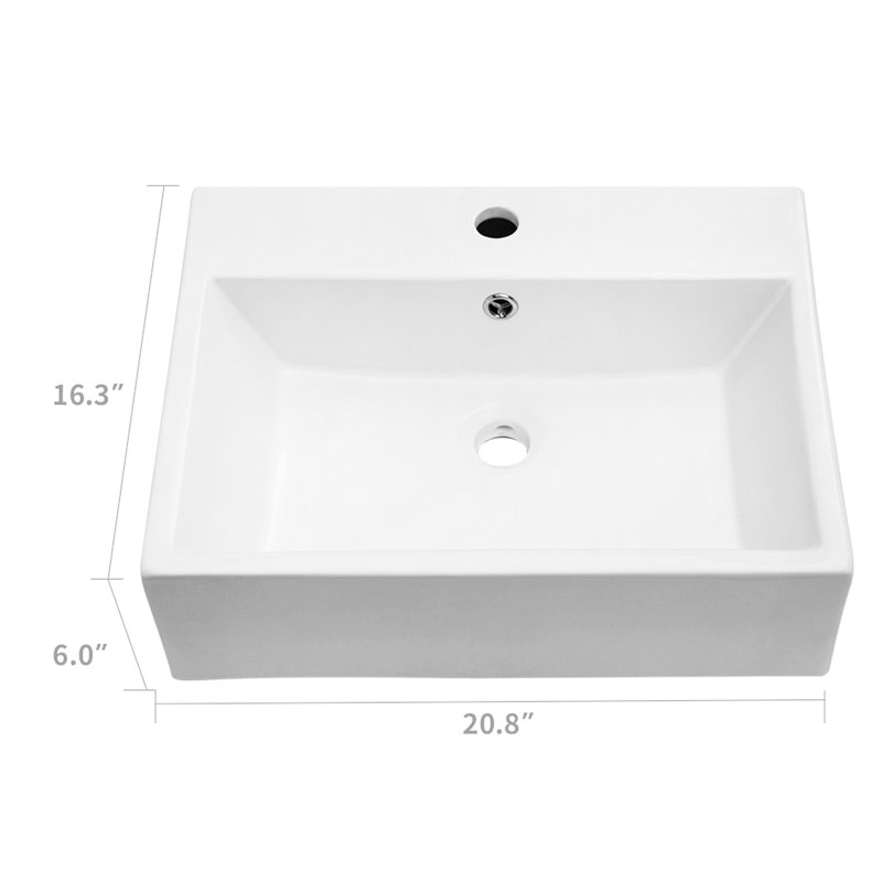 White Ceramic Rectangular Wall Mounted Sink - 21"X16". European Design With Faucet Hole And Overflow. Arc Beautiful. Elegant Kind. Quality. Low Water Absorption. Acid Stain Resistance. Smooth