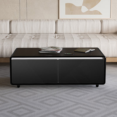 Modern Smart Coffee Table With Built-In Fridge, Bluetooth Speakers, Wireless Charging, Power Socket, USB Ports, Rgb Light, Black