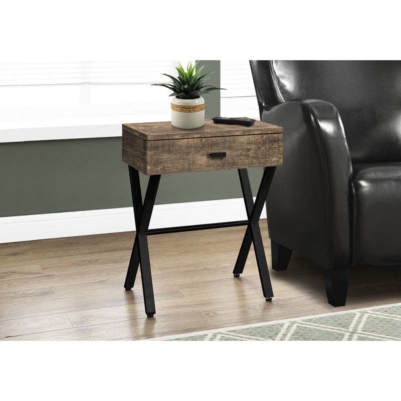 Table d'appoint moderne avec extérieur en stratifié brun et support en métal noir pour cadre de finition latérale de salon, chambre à coucher idéale