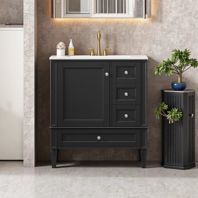Meuble-lavabo de 30 po avec lavabo en céramique, armoire moderne en bois massif avec 3 tiroirs à fermeture en douceur, meuble-lavabo autoportant pour la salle de bain