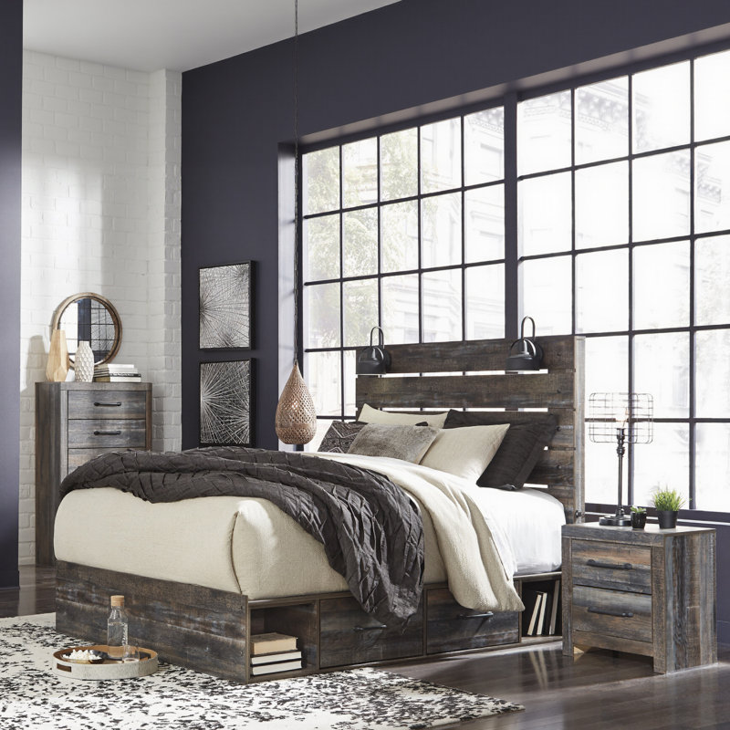 Kimette Slat Headboard Design Bed with Drawers, Queen