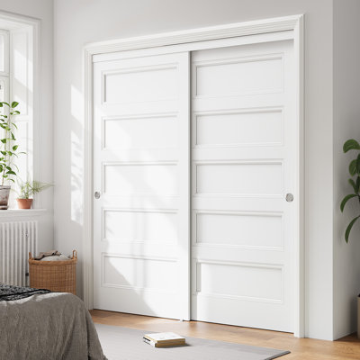  Aucun assemblage requis Fini - portes de placard coulissantes lisses blanches à 5 panneaux de 72 po x 80 po avec trousse de quincaillerie d'installation et poignée