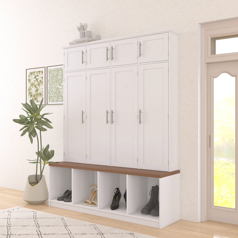 Farmhouse 4-in-1 Mall Tree, Walnut, 4 Hidden Hooks, 8 Doors, Open Compartment Entryway Shoe Cabinet, White