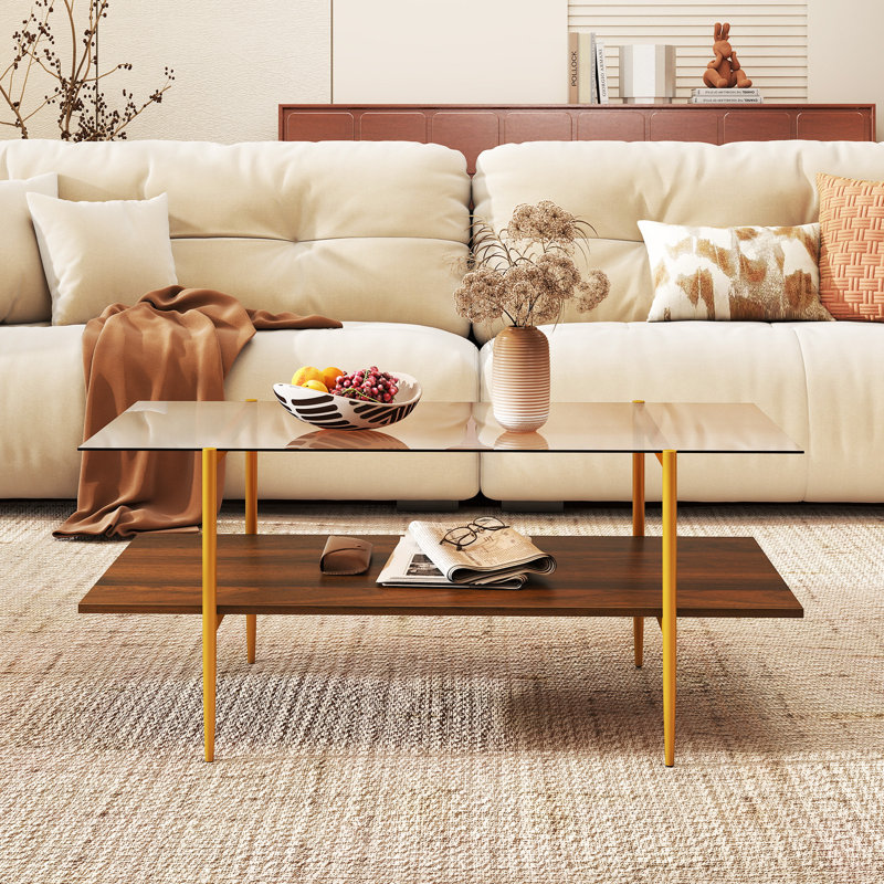 Table basse à 2 niveaux en verre avec plateau en verre et tablette de rangement ouverte