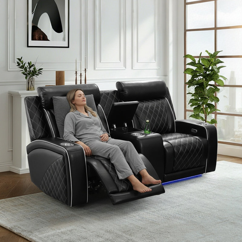 Causeuse inclinable électrique en cuir noir avec rangement, lumières DEL et chargement USB - sièges de cinéma maison avec support à double ressort et structure en bois massif