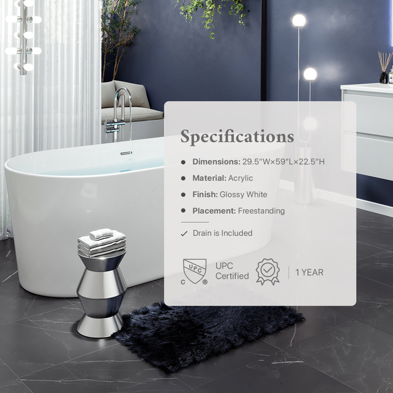 Rejoice 59'' White Acrylic Freestanding Soaking Bathtub