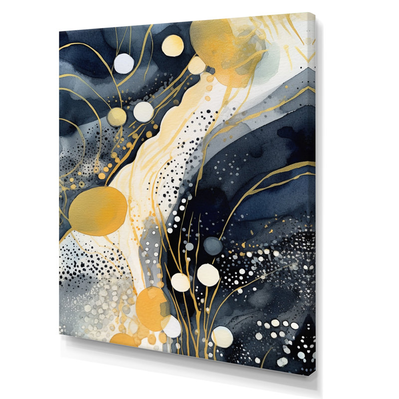 Abstrait pastel avec taches bleues noires et dorées sur toile, H 44 po x l 34 po x P 1,5 po, Toile tendue