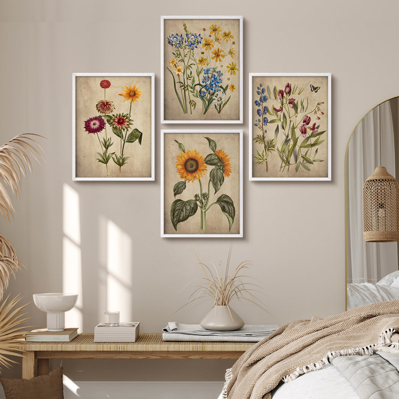 «Rustic Yellow Wildflowers Retra», reproduction d'art encadrée, affiches, salle de bain, petit art mural, Blanc / Blanc