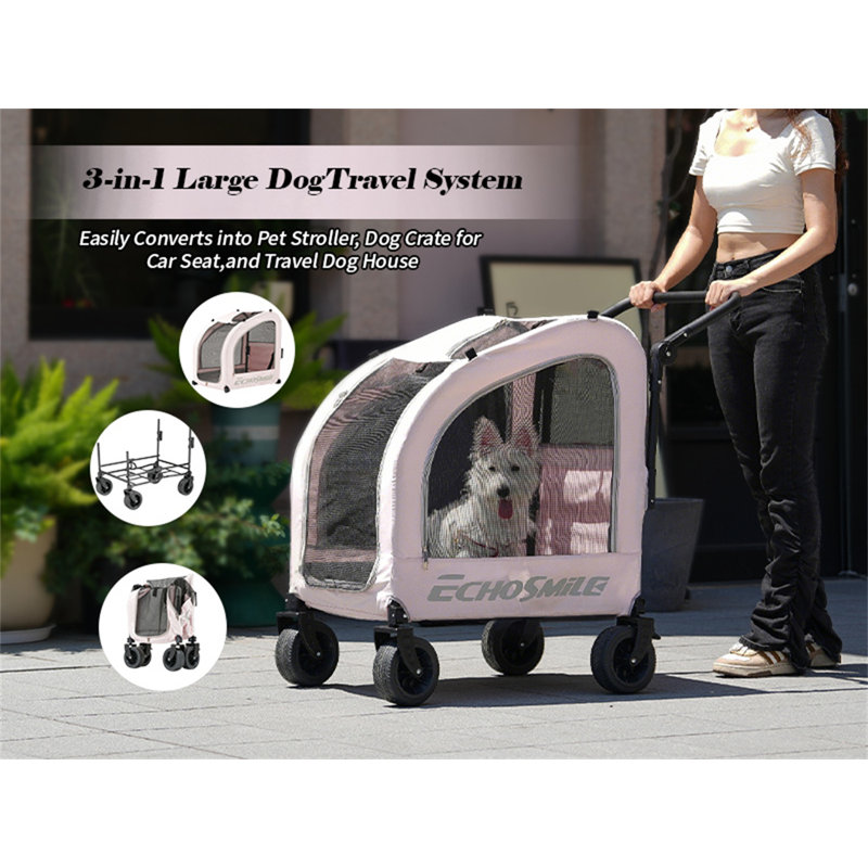 EchoSmile Pink Folding Pet Stroller with All-Terrain Wheels