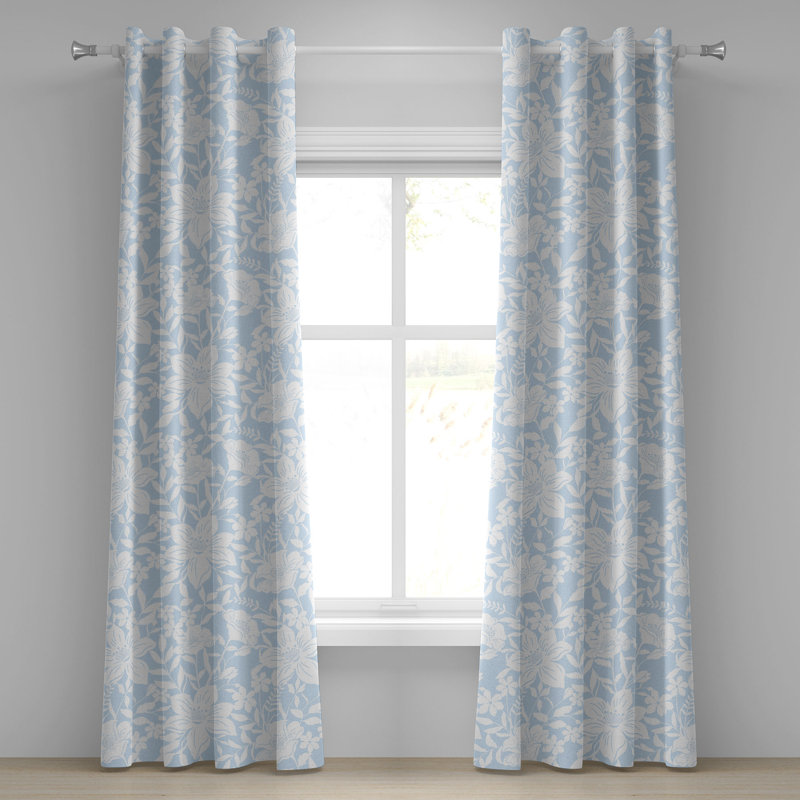 Red Barrel Studio® Romantic Flowers Grommet Curtain Floral Art Leaves 50" x 63" Pale Blue White, 50" W x 63" L