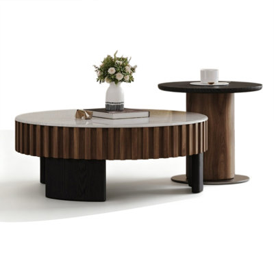 BLACKWhite Marble + Walnut Veneer + E0 MDF + Stainless Steel Round Coffee Table Sets