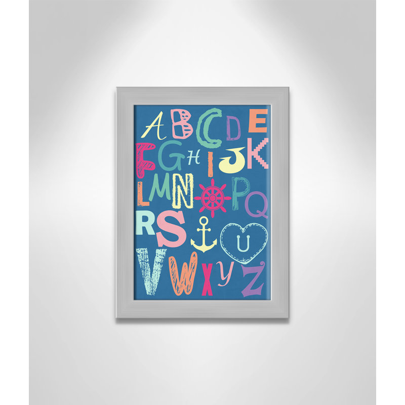 Alphabet imprimé sur papier, H 14 po x l 10 po x P 0,6 po, Encadré plat argent