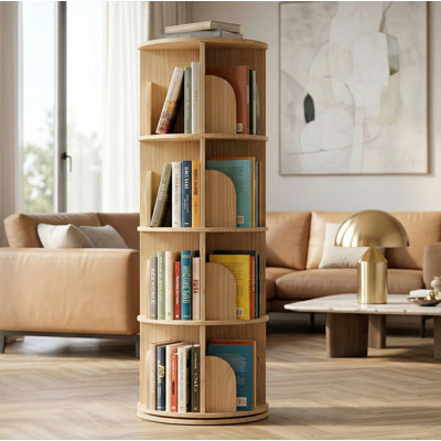 Bibliothèque rotative à 4 niveaux, bibliothèque sur pied ronde avec rangement pivotant à 360 °, étagère en bois pour livres, décorations et jouets, naturel