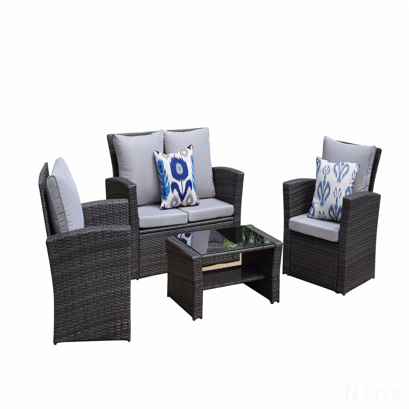 Ensemble de meubles de patio 4 pièces en osier et rotin gris avec coussins