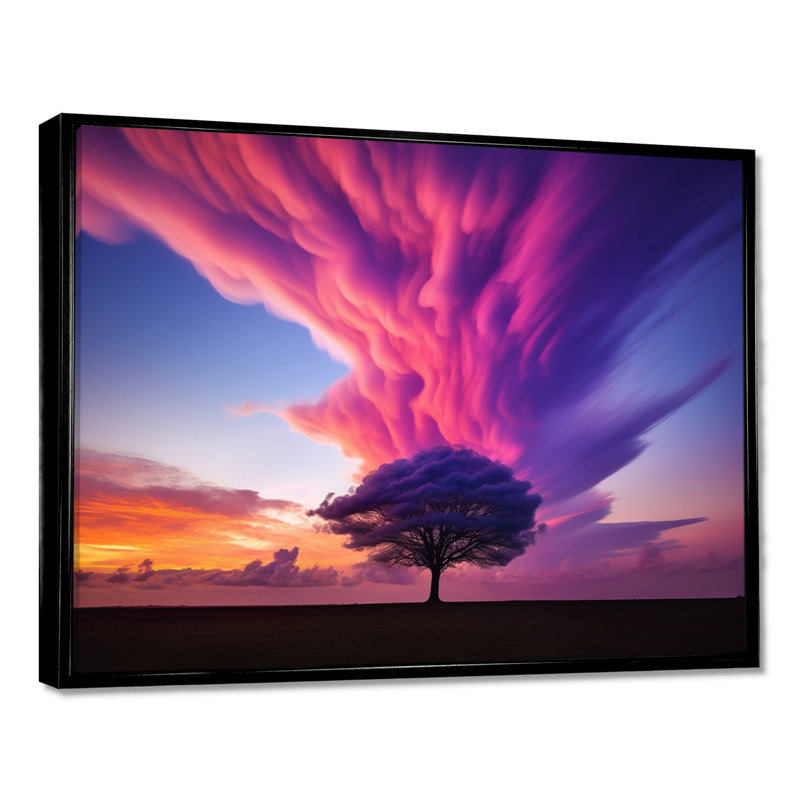 Seul arbre majestueux, ciel mauve, impression d'art mural, H 24 po x l 32 po x P 1 po, Toile avec cadre flottant noir