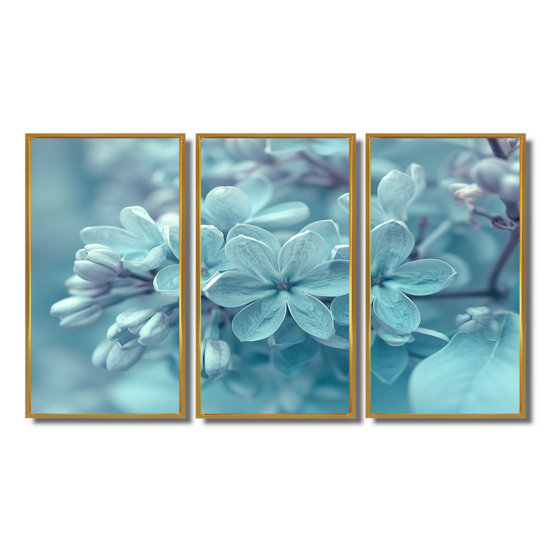 Ensemble de salon art mural lilas bleu et blanc, Toile avec cadre flottant or, H 40 po x l 60 po x P 1 po