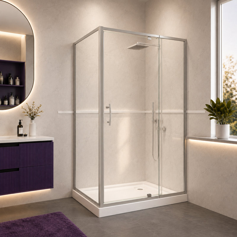 Cabine de douche d'angle semi-encadrée avec verre trempé de 6 mm, charnière pivotante à assistance de levage et porte réversible