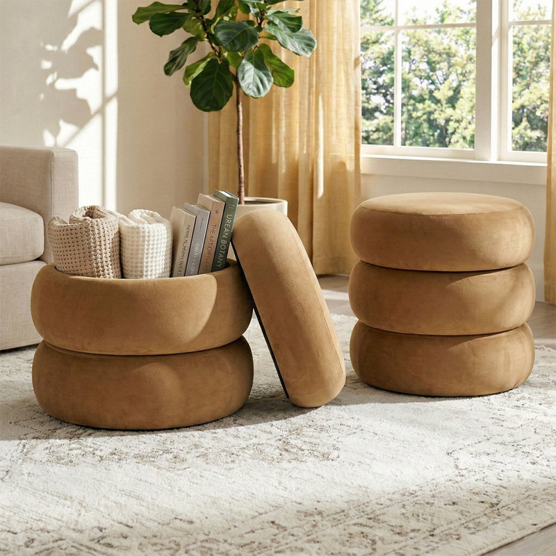 Repose-pieds moderne avec rangement en velours rond (ensemble de 2, Chameau