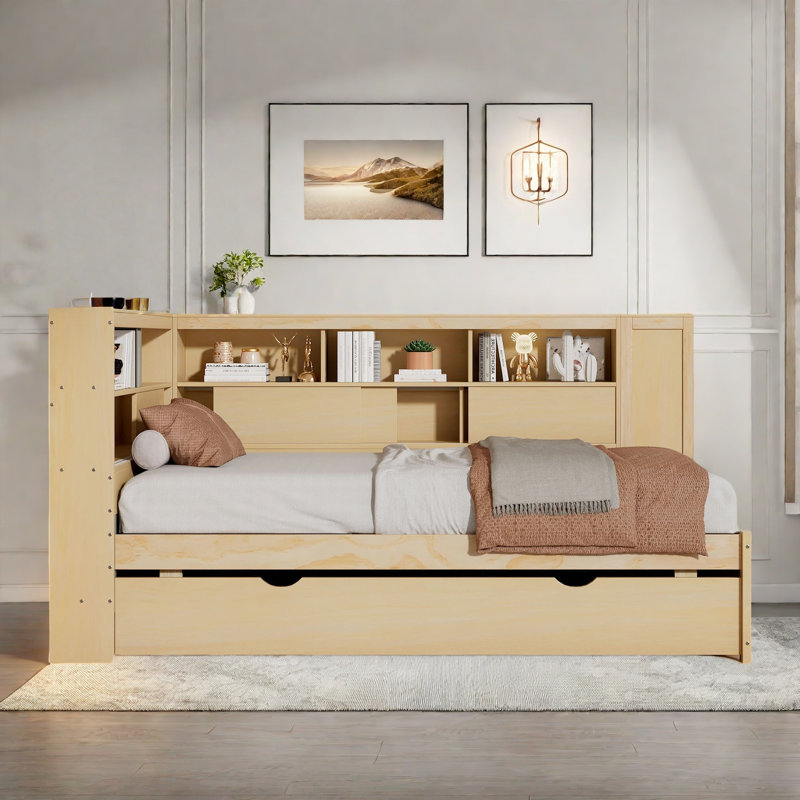 Lit de jour en bois avec tablettes de rangement, station de charge et lit gigogne, Naturel