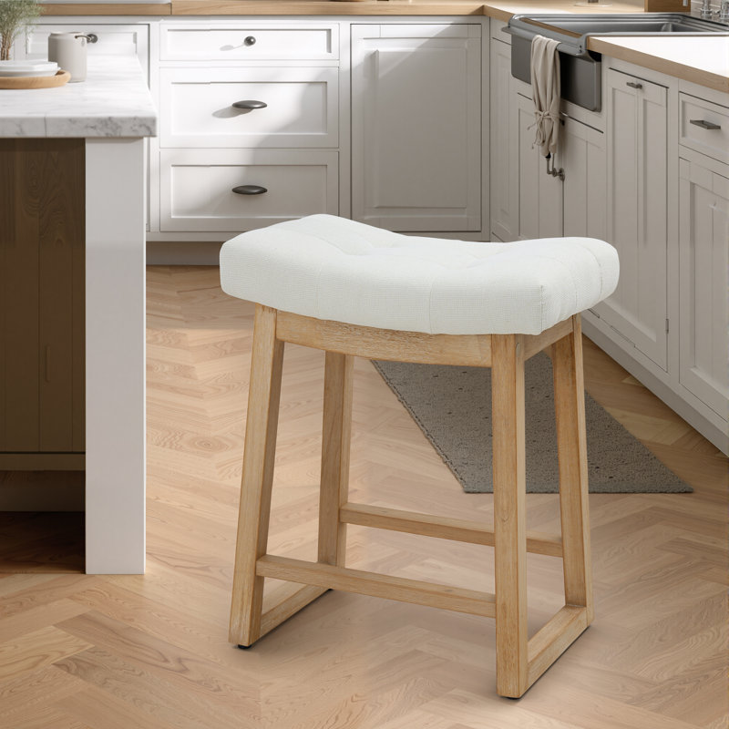 24" Upholstered Saddle Counter Height Bar Stool with Wood Frame for Kitchen Island, Ivory Linen/Wood