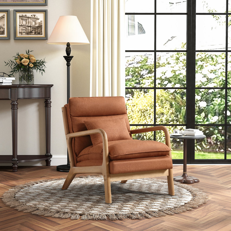25.79" W Soft Mid-Century Linen Upholstered Accent Chair With Lumbar Pillow, Brown, 3