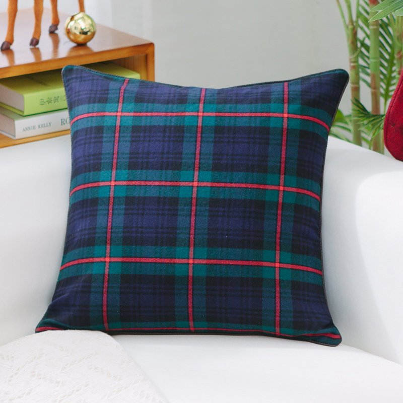  Housse de coussin carré en coton, 20 po x 20 po, Plumes, Carreaux bleu marine