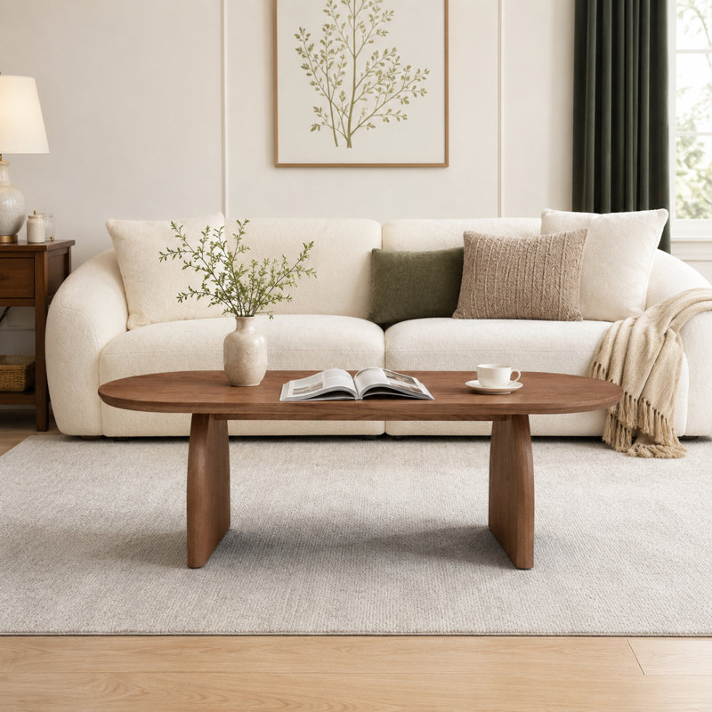 47" Oval Coffee Table, Modern Solid Wood Veneer Center Table, Walnut