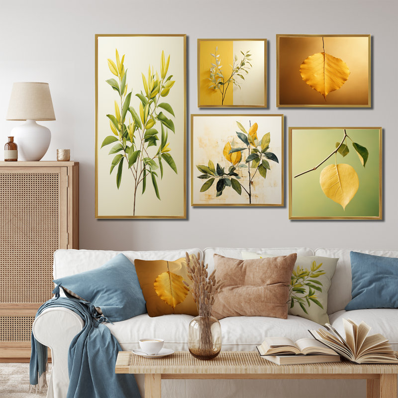 Feuilles vertes dans le minimalisme II - ensemble d'art mural sur toile 5 feuilles, Cadre flottant doré
