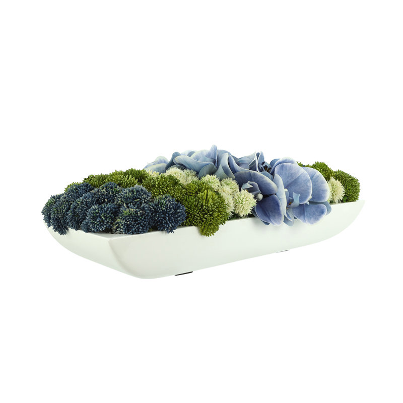 Orchids and Assorted Sedum in Fiberstone Planter