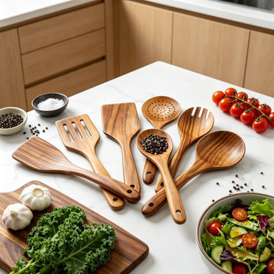 Acacia Wood Cooking Utensils Set Of 7 - Natural Non-Toxic Kitchen Utensils With Spatula, Slotted Spoon, Mixing Spoon, Salad Fork For Non-Stick Cookware And Healthy Cooking