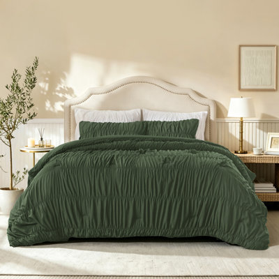 Ruched Olive Oversized Queen Comforter Set, Pleated Bedding Sets 3 Pieces, Lightweight Soft Boho Ruffle Bed Set for Kids, All Season
