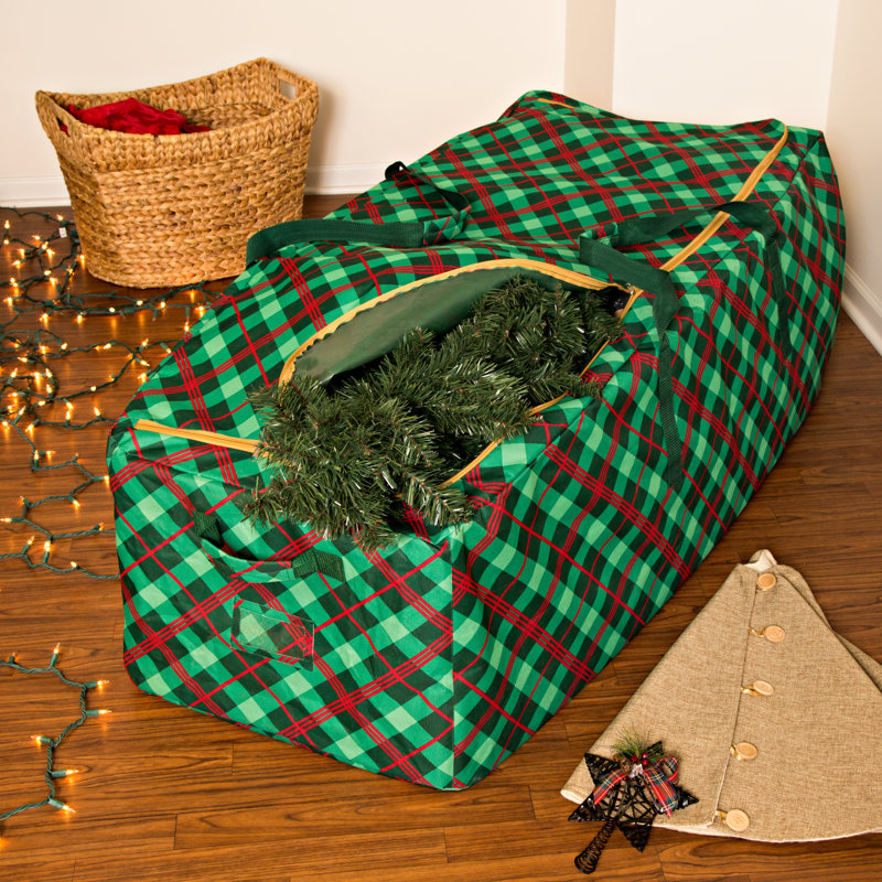 Extra Large Green and Red Plaid Rolling Christmas Tree Storage Bag