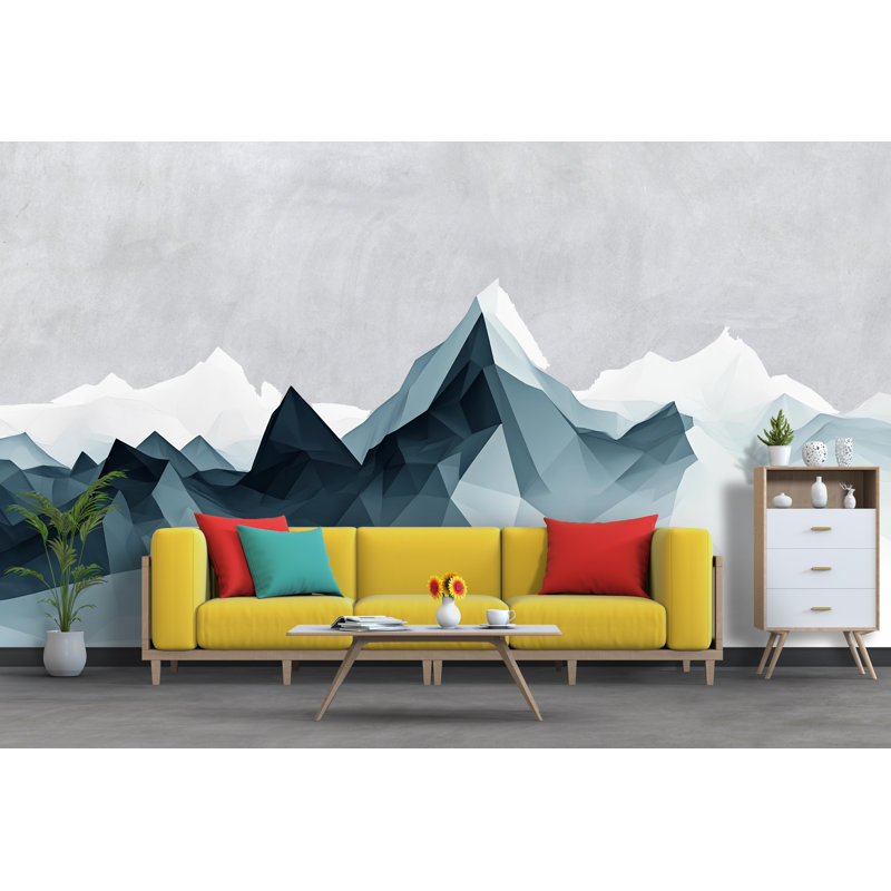 Murale géométrique montagne - Papier peint abstrait montagnes bleues pour salon ou bureau moderne 089Mv, H 13 po x l 24 po