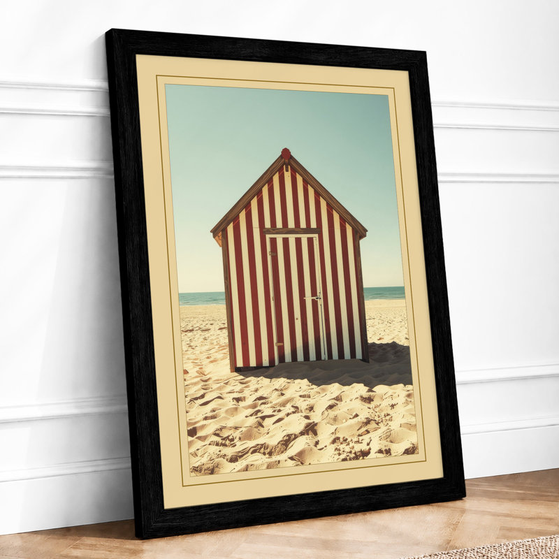 Striped Beach Hut Coastal - Framed Print, A1 - 84.1 x 59.4 cm, Black