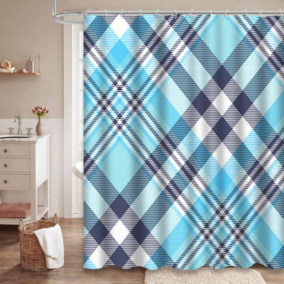 Rideau de douche à carreaux bleu et blanc avec 12 crochets