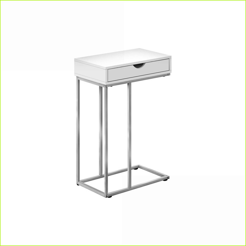 Table basse en forme de C peu encombrante avec plateau en stratifié gris et base en métal noir, style moderne pour le salon