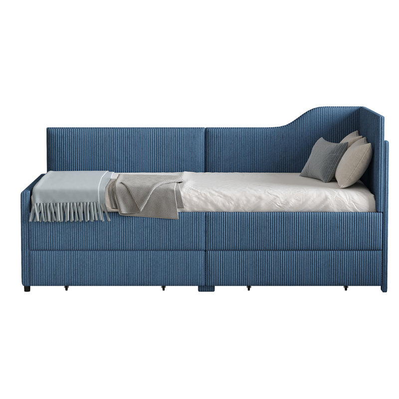 Twin Size L-Shaped Corduroy Daybed,Upholstered Bed Frame With  2 Storage Drawers,Blue, Blue
