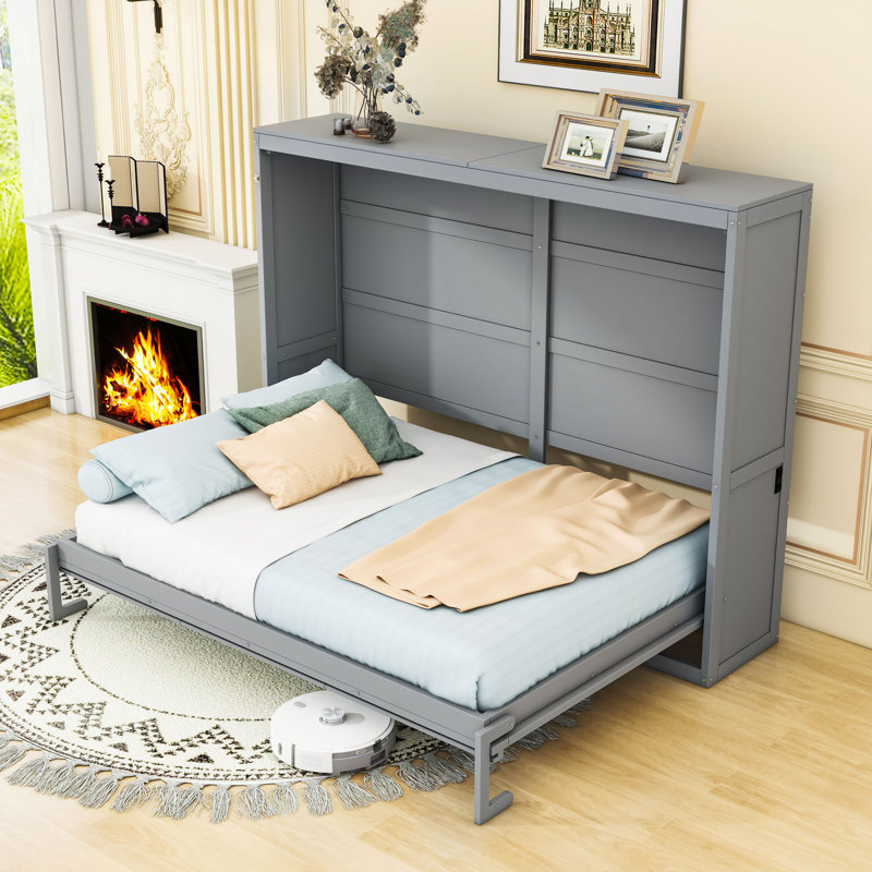 Lit escamotable en bois avec lattes de soutien, gris, Double