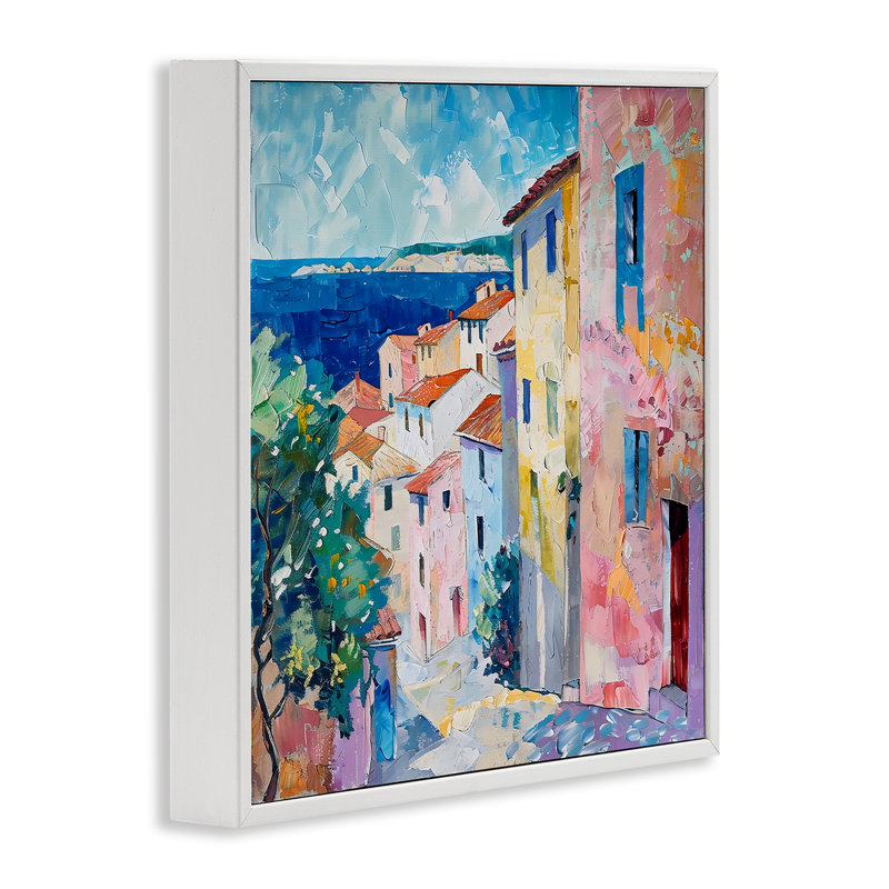 Mediterranean Coastal Town Framed Giclee, design by LSR Creative Studio, 17" H x 17" W, Coastal White Framed Giclee