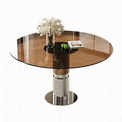 Round Tempered Glass Dining Table with Stainless Steel Base, Seats 2-4, Space-Saving
