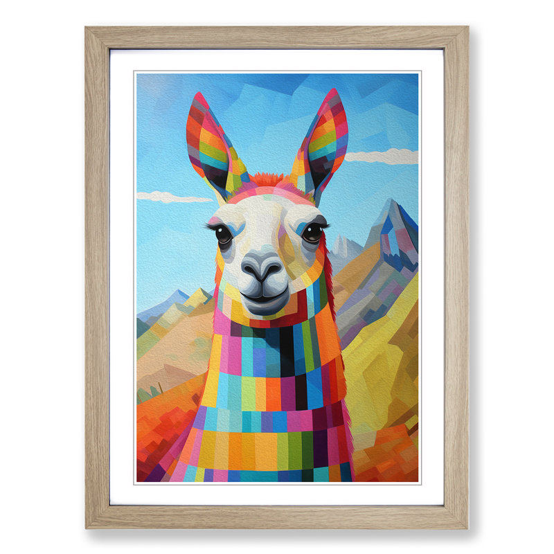 Llama Constructivism - Single Picture Frame Print on Wood, Oak Framed, 34cm H x 25cm W x 2cm D