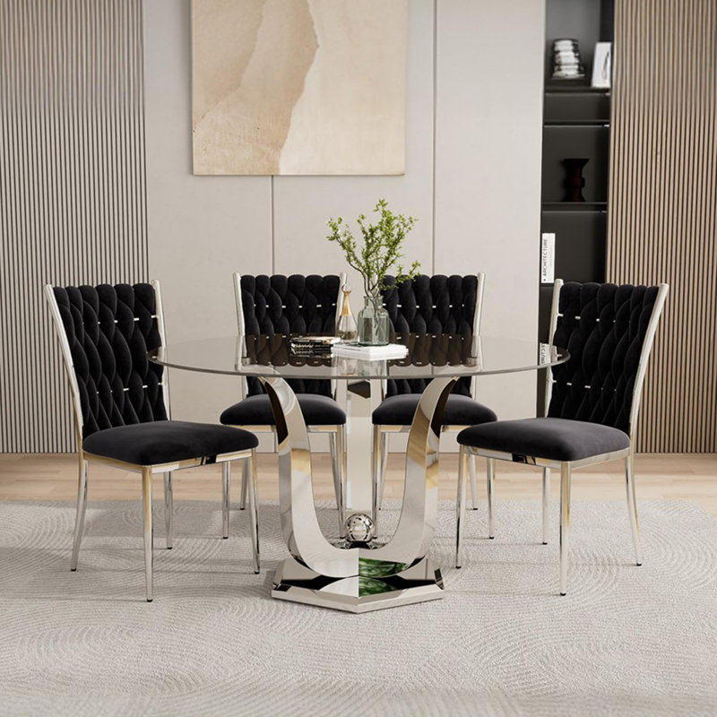 Table de salle à manger ronde en verre 47,2 ", table de cuisine moderne transparente, plateau de table en verre trempé épais de 0,31" avec acier inoxydable brillant, pour la salle à manger et la cuisine et les petits espaces