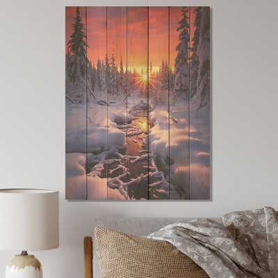Rose et jaune au lever du soleil d'hiver III - Paysage d'hiver sur bois