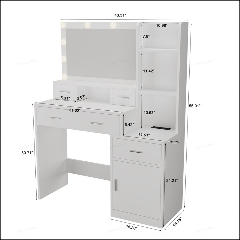Coiffeuse sophistiquée à miroir intelligent avec de nombreuses options de rangement pour la chambre à coucher