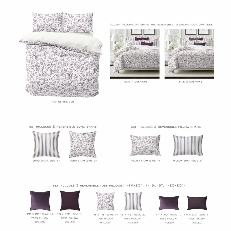 Tinsley Plum Cotton Duvet Cover Set, King Duvet Cover + 7 Additional Pieces